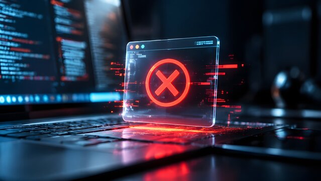Digital system error hologram displaying a large red cross inside a glowing window, floating above a laptop keyboard with blurred lines of code in the background.