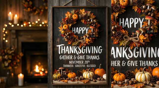 Cozy thanksgiving decor with fireplace and chalkboard greetings