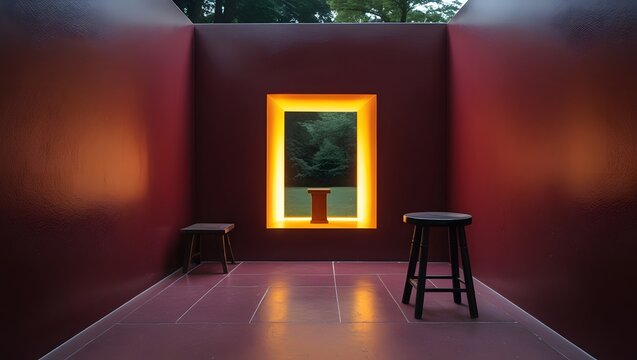 Surreal Memorial Interior with Luminous Central Opening and Dark Burgundy Wall