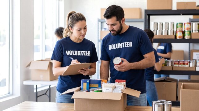 Two volunteers are sorting food items into a box at a food bank.