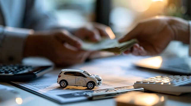 Cropped hands handing banknotes over an insurance claim form with a calculator and a dented toy car on a bright desk face out of frame insurance claim and compensation claim form