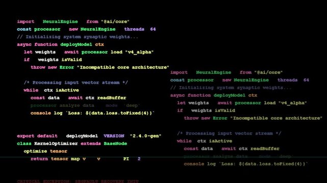 Software source code lines scrolling on a dark screen, programming and web development, cybersecurity analysis, backend server operations, digital data processing