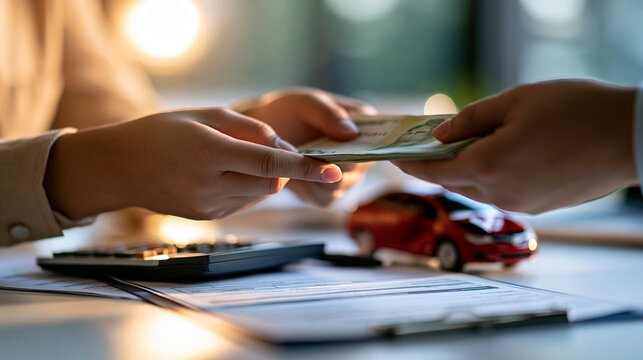 Cropped hands handing banknotes over an insurance claim form with a calculator and a dented toy car on a bright desk face out of frame insurance claim and compensation claim form