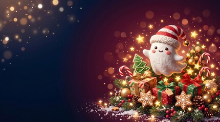 Obraz premium Dark magic Christmas background with gift tree and smiling snowman