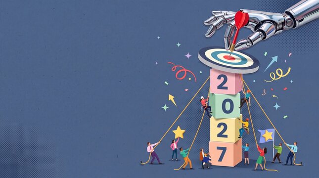 Futuristic Representation of Teamwork and Innovation with a Robot Hand Targeting Success in 2027 Goals and Aspirations