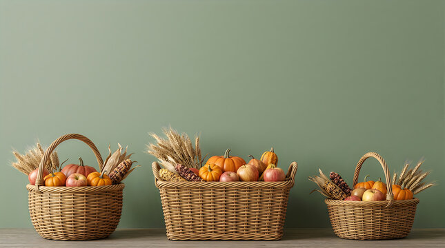 Three woven baskets overflowing with fresh autumn harvest fruits