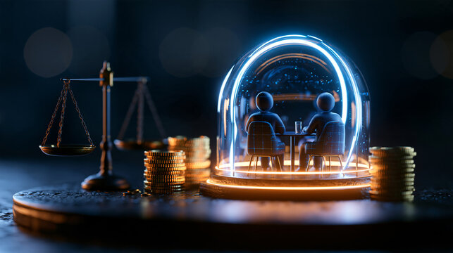 Dark 3d render of a miniature therapy session with featureless seated figures viewed from behind inside a glowing neon protective dome next to a balance scale and coin stacks on a dark