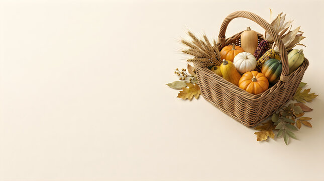 Autumn harvest basket with pumpkins and dried floral arrangement closeup
