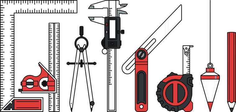 Carpentry and engineering measurement tools collection with ruler caliper divider compass tape measure and pencil