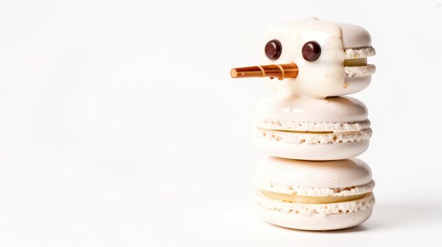 Cute snowman made of macarons with a chocolate nose and eyes  