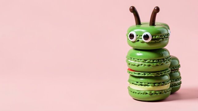 Cute green macaron caterpillar dessert on a pink background  