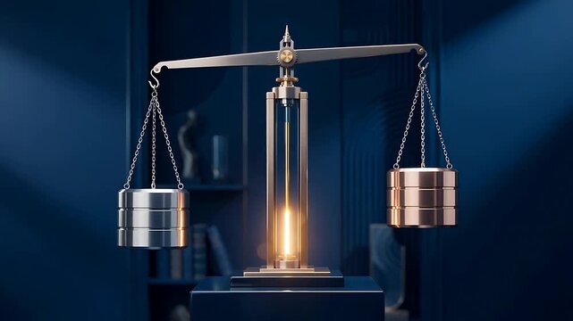 Precision balance scale with metallic weights reaching equilibrium