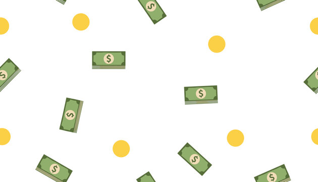 Joyful seamless pattern featuring floating green cash stacks and yellow round coins on a clean white background.
