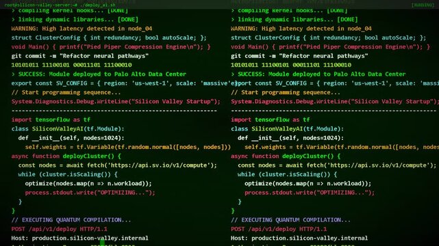 Scrolling green source code on a dark computer monitor, software development, data stream, programming logic, cyber security background