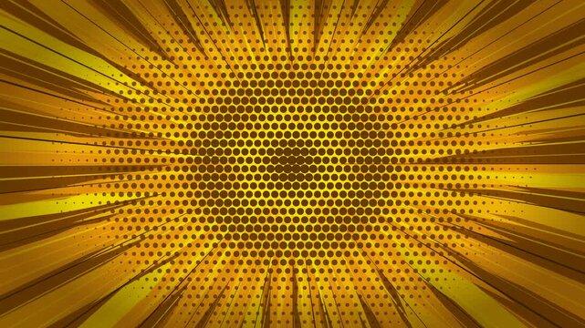 Golden dynamic comic book background with radial speed lines and halftone dot pattern texture