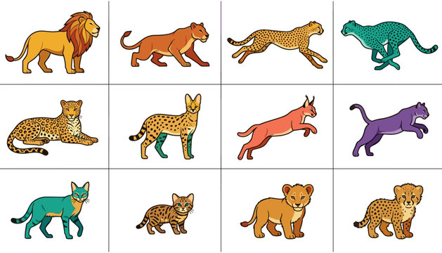 Wild Cats Icon Set with Lions, Leopards, Cheetahs and Panthers