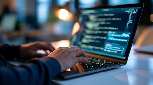 Cropped hands of a programmer typing on a laptop showing AI code generation and an automated bug detection panel at a bright white desk face out of frame vibe coding tool AI assisted