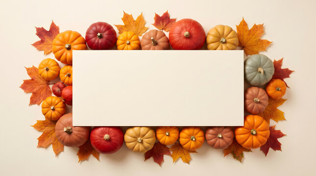 Overhead flat lay composition of an autumn seasonal frame featuring colorful pumpkins and dry maple leaves arranged along the outer borders with a large central rectangular copy space