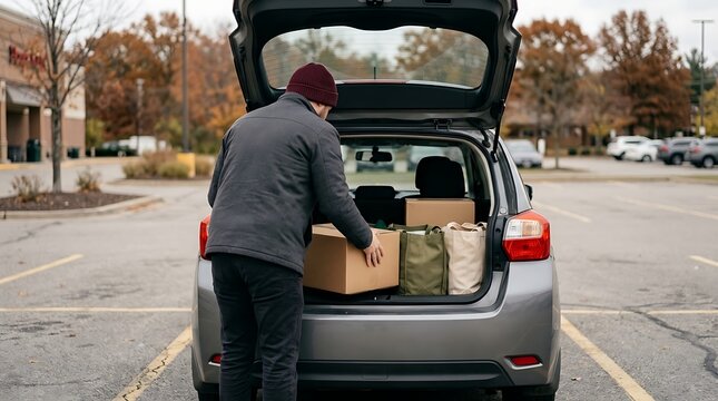 A shopper loads cardboard boxes into the trunk of a car after a successful black friday shopping spree