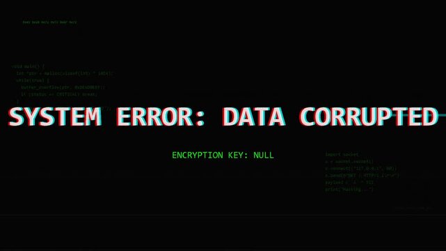 System error message with glitch distortion text on black background, cybersecurity breach, data loss warning, server failure, digital threat