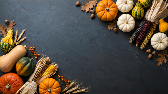 Autumn harvest arrangement with pumpkins gourds and corn on slate