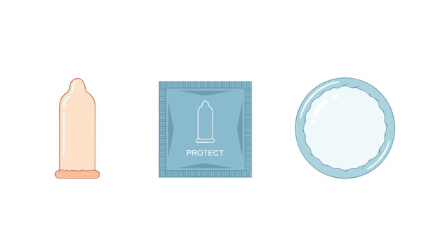 Helpful safe sex concept illustration showing three stages of condom use including rolled, in a pack, and open ring.