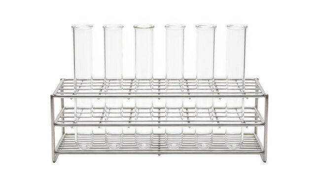 Rack of six clear glass test tubes for laboratory experiments and scientific research.
