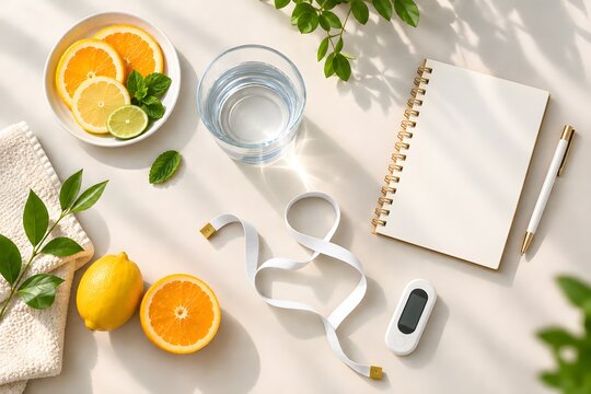 Citrus Wellness Diet Flat Lay With Blank Notebook