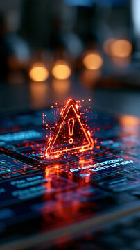 Glowing red warning triangle alert above a dark screen of an AI monitoring system with file risk detection panels and a cyber threat notification data cybersecurity warning alert