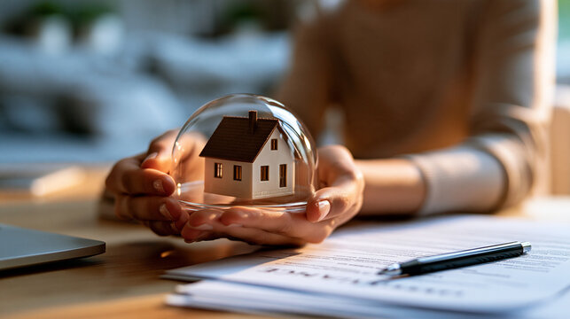 Hands holding a small house model beneath a glass shield above a desk with home insurance policy papers and a pen bright living room background home insurance comprehensive coverage