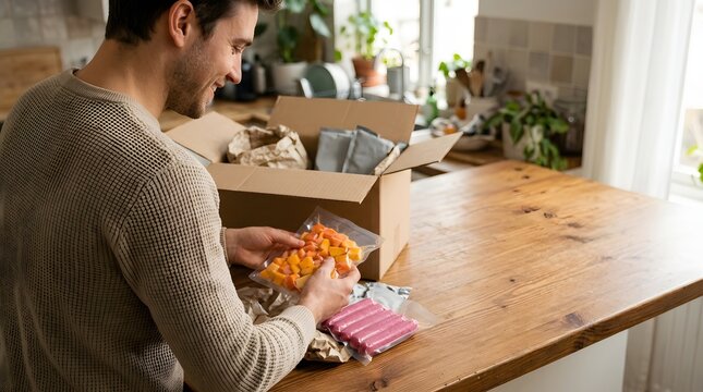 Smiling man unpacking fresh groceries from cardboard delivery box in kitchen   