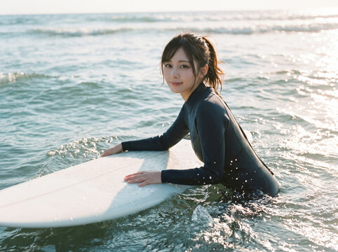 夕暮れの海でサーフボードにもたれ笑顔を見せるサーファーの女性