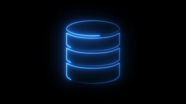 Neon blue database server animation digital data storage and cloud computing concept glowing