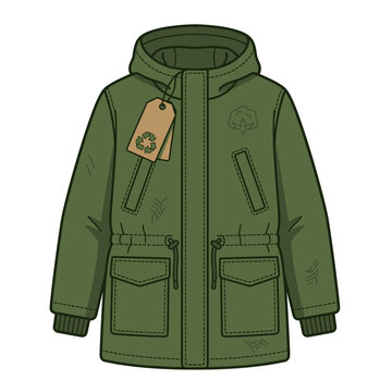 Green parka jacket with hood and recycling tag