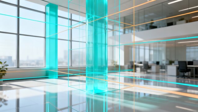 Digital grid structure neon cyan lines crossing modern office interior.