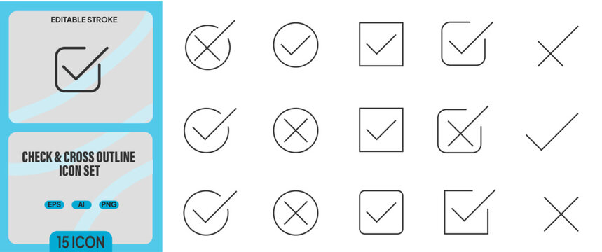 Check tick mark icon set. Check and cross outline icon set, vector symbols . hand drawn cross box  check mark checkbox .