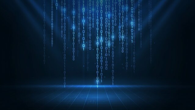 Abstract blue binary code rain with glowing digits falling onto illuminated digital floor.