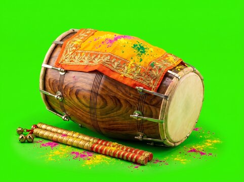 Traditional Dholak Drum with Dandiya Sticks for Navratri Festival