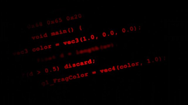 Hacker interface showing red computer code on a dark screen with terminal commands like kernel panic, access denied, system rebooting, and data decryption for cyber security or tech themes.
