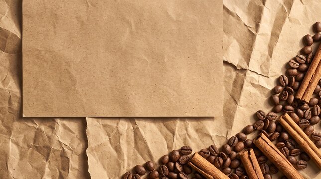Overhead Crinkled Kraft Paper with Coffee Beans & Cinnamon   