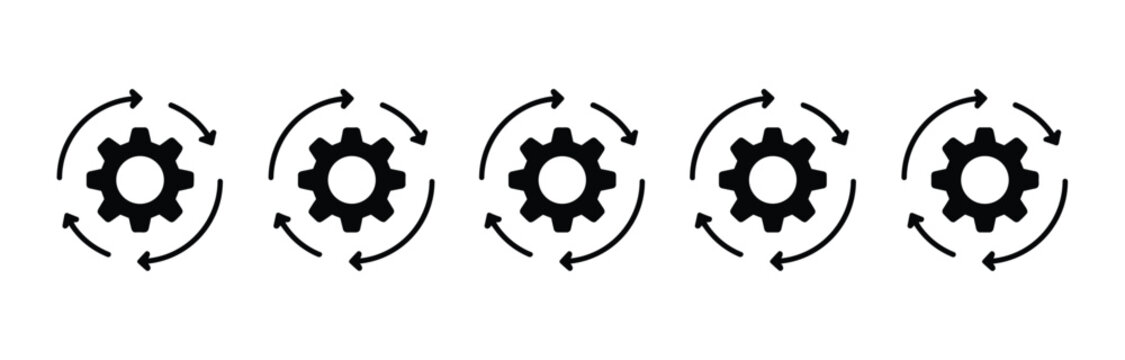 Cycle of Gears: A row of five identical black gear icons, each surrounded by a circular arrow indicating rotation, represents the concept of cyclical processes or continuous workflow.