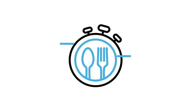 Animated fast food delivery icon. Time clock or stopwatch with fork and spoon animation video loops for catering, eatery, restaurant, chef service, food menu, dinner, cutlery, culinary. Motion graphic