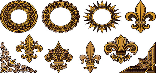 Vintage golden fleur de lis heraldic ornaments and luxury ornate circular frames for border design © Abdul