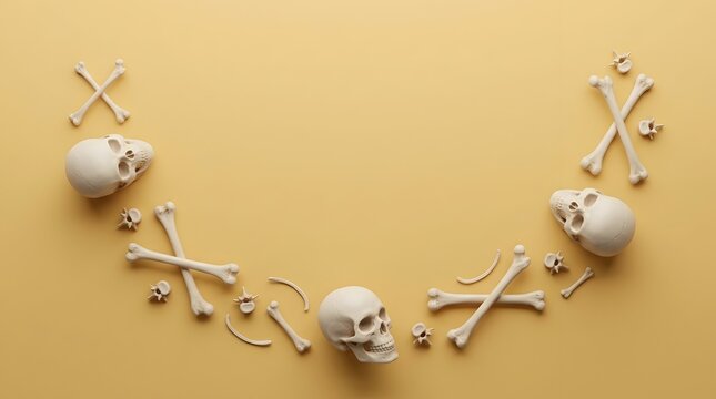 Human skulls and crossed bones arranged in a semi-circle on beige background