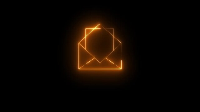Glowing neon orange icon depicting an open envelope with an emerging letter document, set against a dark background. Animated email message notification graphic, incoming data packet transmission call