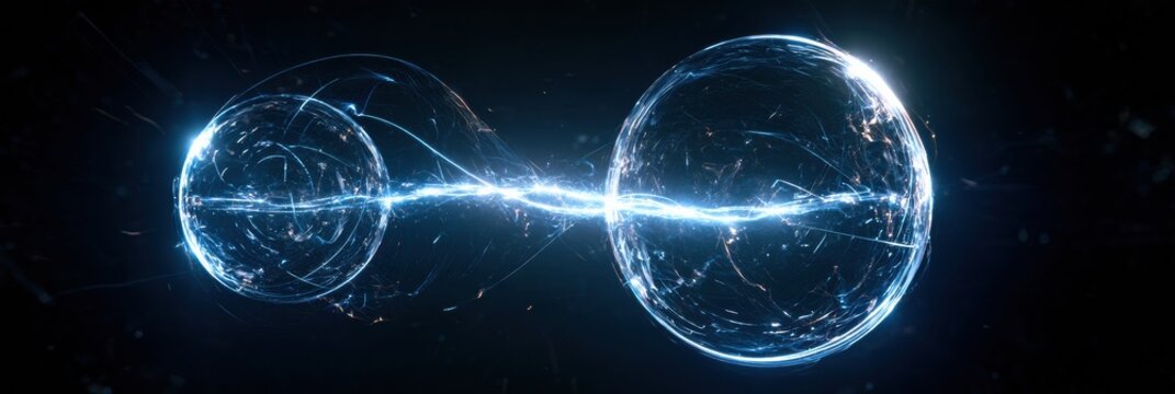 Two glowing spheres are separated by distance in dark space, connected by a bright string, illustrating quantum correlation.