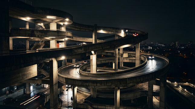 Dynamic nighttime view of a towering multi-level highway interchange, showcasing intricate urban infrastructure and the constant flow of traffic under the city glow