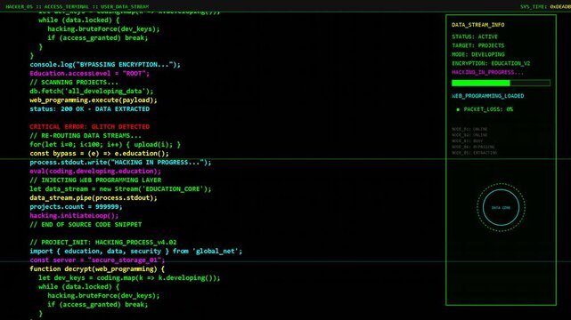 Retro green computer terminal interface displaying system loading and programming code on a dark background