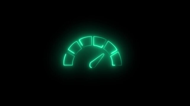 Glowing neon green HUD speedometer gauge icon featuring a semi-circular segmented dial arc with an active central indicator needle set against a dark background. 