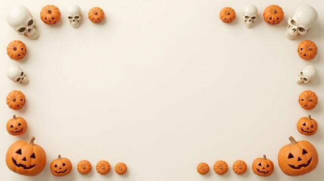 Halloween border frame with orange pumpkins and white skulls on beige background